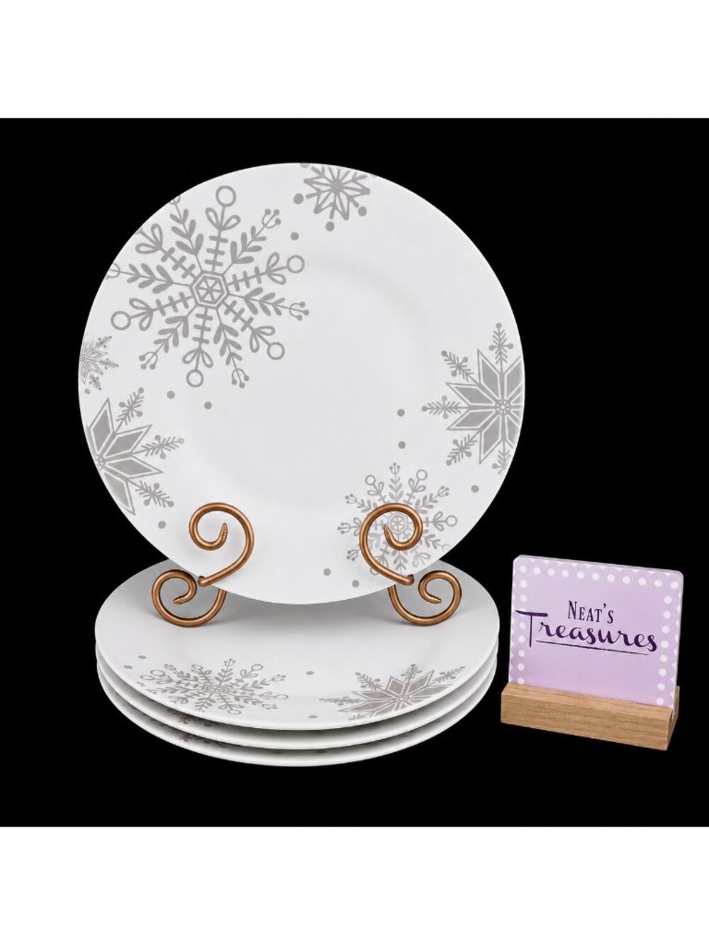 Royal Norfolk Greenbrier RNF129 SNOWFLAKES Gray Luster White Dinner Plates Set 4